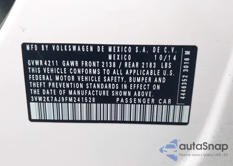 2015 Volkswagen Jetta 2.0L S from USA, damaged, VIN 3VW2K7AJ9FM241528